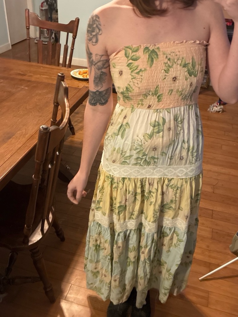 Strapless Kiwi + punch Green and yellow floral maxi dress with lace trim